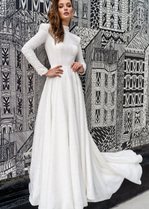 High Neck Ivory Lace Open Back Minimalist Wedding Dress